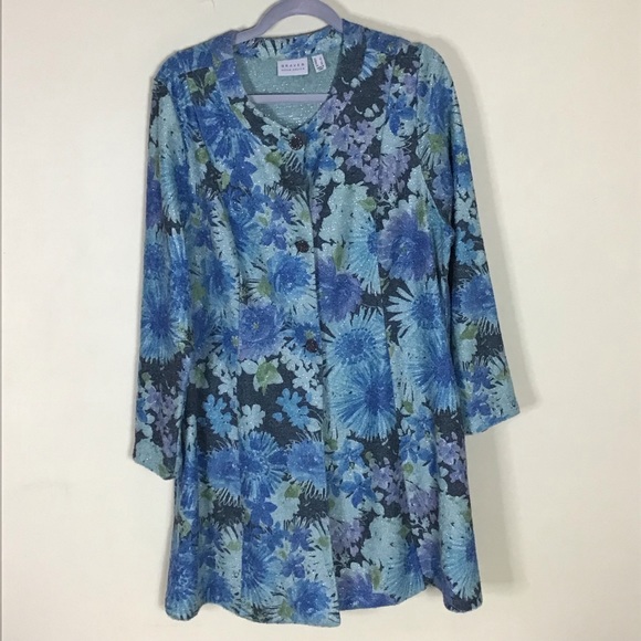 Susan Graver 3 Button Sparkly Blue Floral Swing Blazer Jacket Women's La… - Picture 3 of 7